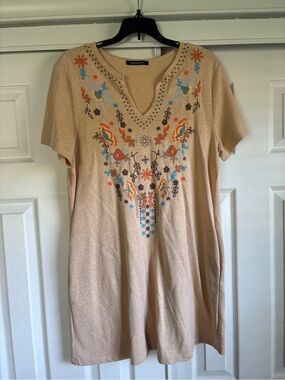 Beige Embroidered V-Neck Dress with Floral Detail